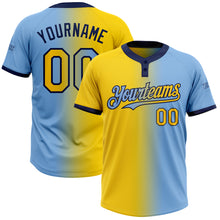 Charger l&#39;image dans la galerie, Custom Light Blue Yellow-Navy Gradient Fashion Two-Button Unisex Softball Jersey
