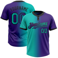 Charger l&#39;image dans la galerie, Custom Purple Aqua-Black Gradient Fashion Two-Button Unisex Softball Jersey
