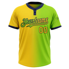 Загрузить изображение в средство просмотра галереи, Custom Neon Green Yellow-Navy Gradient Fashion Two-Button Unisex Softball Jersey
