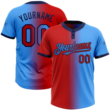 Custom Electric Blue Red-Navy Gradient Fashion Two-Button Unisex Softball Jersey