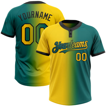 Custom Teal Yellow-Black Gradient Fashion Two-Button Unisex Softball Jersey