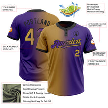 Charger l&#39;image dans la galerie, Custom Purple Old Gold-Black Gradient Fashion Two-Button Unisex Softball Jersey
