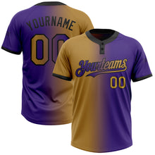 Charger l&#39;image dans la galerie, Custom Purple Old Gold-Black Gradient Fashion Two-Button Unisex Softball Jersey
