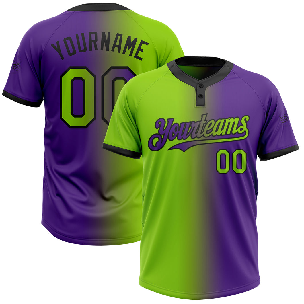 Custom Purple Neon Green-Black Gradient Fashion Two-Button Unisex Softball Jersey