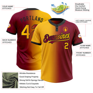 Custom Maroon Gold-Black Gradient Fashion Two-Button Unisex Softball Jersey