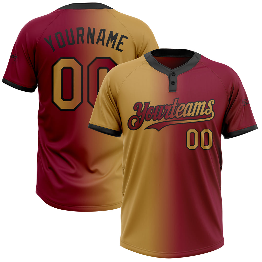 Custom Maroon Old Gold-Black Gradient Fashion Two-Button Unisex Softball Jersey