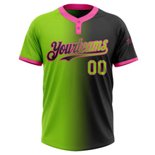 Laden Sie das Bild in den Galerie-Viewer, Custom Black Neon Green-Pink Gradient Fashion Two-Button Unisex Softball Jersey
