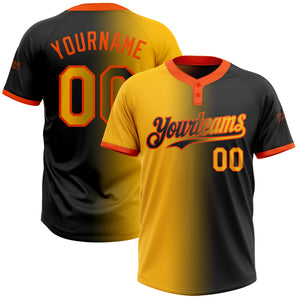 Custom Black Gold-Orange Gradient Fashion Two-Button Unisex Softball Jersey