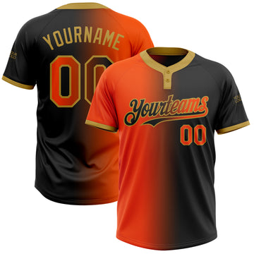 Custom Black Orange-Old Gold Gradient Fashion Two-Button Unisex Softball Jersey