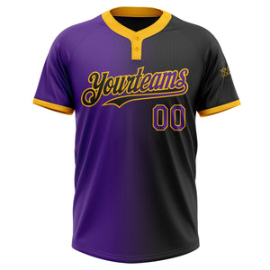 Custom Black Purple-Gold Gradient Fashion Two-Button Unisex Softball Jersey