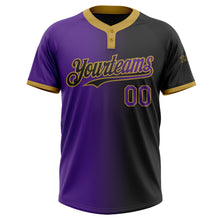 Laden Sie das Bild in den Galerie-Viewer, Custom Black Purple-Old Gold Gradient Fashion Two-Button Unisex Softball Jersey
