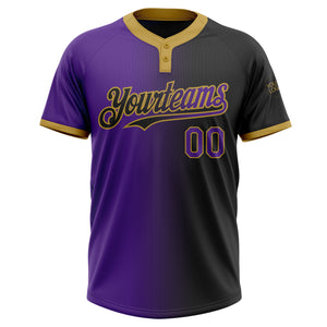 Custom Black Purple-Old Gold Gradient Fashion Two-Button Unisex Softball Jersey