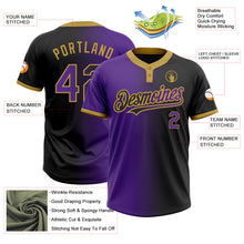 Laden Sie das Bild in den Galerie-Viewer, Custom Black Purple-Old Gold Gradient Fashion Two-Button Unisex Softball Jersey
