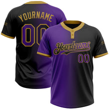 Laden Sie das Bild in den Galerie-Viewer, Custom Black Purple-Old Gold Gradient Fashion Two-Button Unisex Softball Jersey
