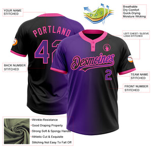 Custom Black Purple-Pink Gradient Fashion Two-Button Unisex Softball Jersey