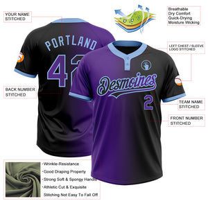 Custom Black Purple-Light Blue Gradient Fashion Two-Button Unisex Softball Jersey