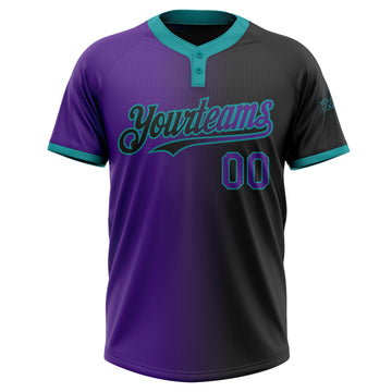 Custom Black Purple-Teal Gradient Fashion Two-Button Unisex Softball Jersey