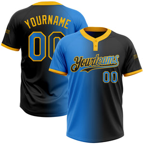 Custom Black Electric Blue-Gold Gradient Fashion Two-Button Unisex Softball Jersey