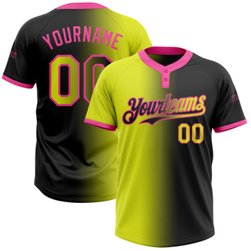 Custom Black Neon Yellow-Pink Gradient Fashion Two-Button Unisex Softball Jersey