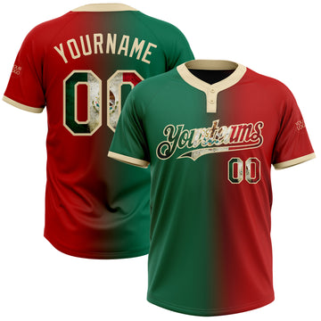 Custom Red Vintage Mexican Flag Kelly Green-City Cream Gradient Fashion Two-Button Unisex Softball Jersey