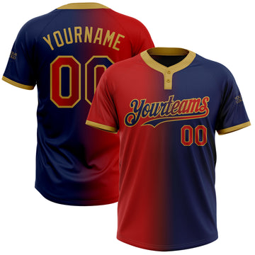Custom Navy Red-Old Gold Gradient Fashion Two-Button Unisex Softball Jersey