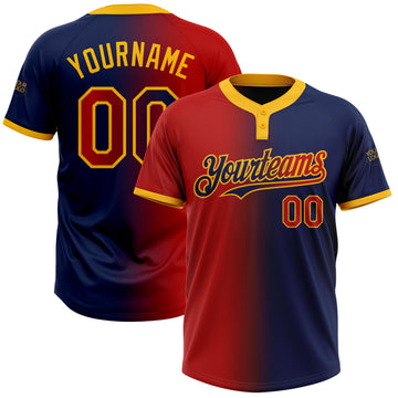 Custom Navy Red-Gold Gradient Fashion Two-Button Unisex Softball Jersey