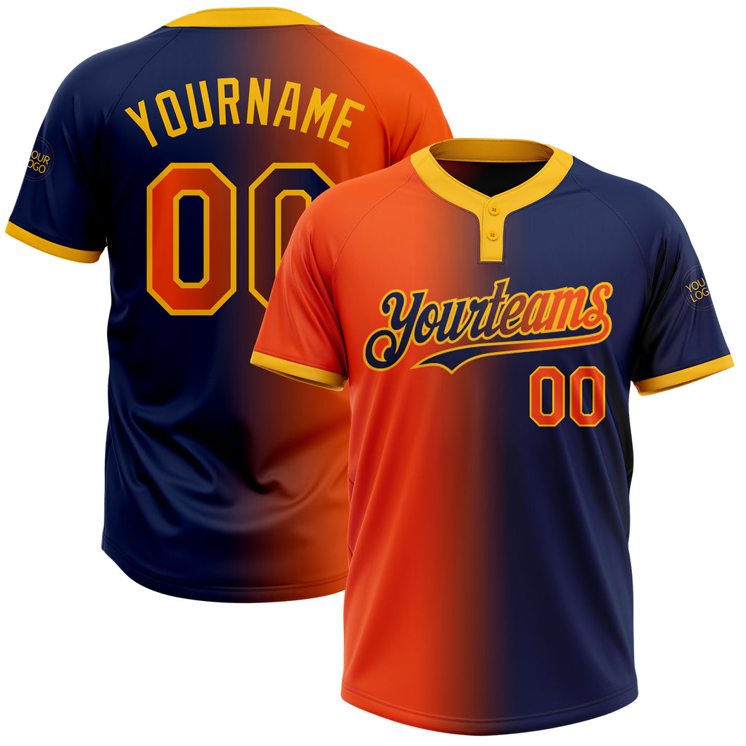 Custom Navy Orange-Gold Gradient Fashion Two-Button Unisex Softball Jersey