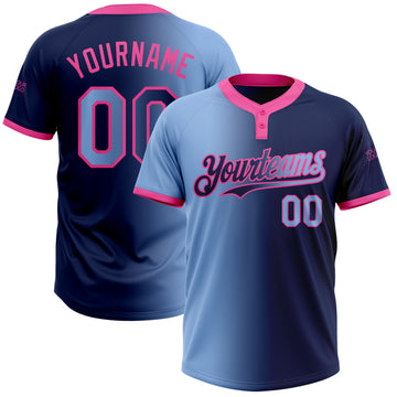 Custom Navy Light Blue-Pink Gradient Fashion Two-Button Unisex Softball Jersey