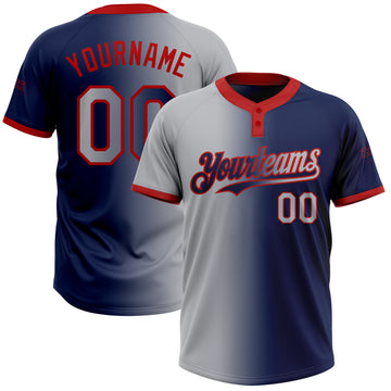 Custom Navy Gray-Red Gradient Fashion Two-Button Unisex Softball Jersey