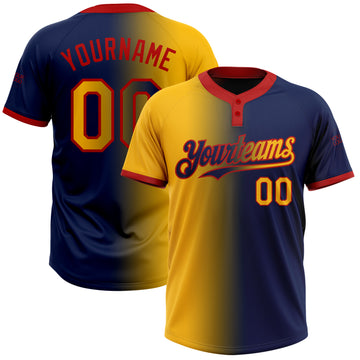 Custom Navy Gold-Red Gradient Fashion Two-Button Unisex Softball Jersey