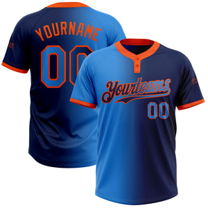 Custom Navy Electric Blue-Orange Gradient Fashion Two-Button Unisex Softball Jersey