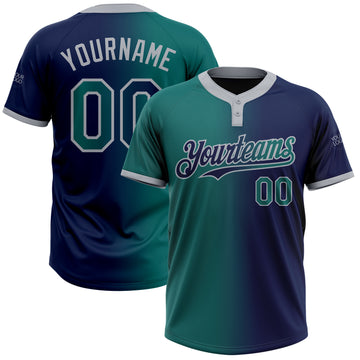 Custom Navy Teal-Gray Gradient Fashion Two-Button Unisex Softball Jersey