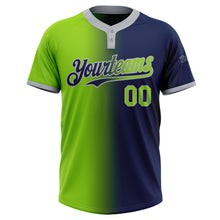 Charger l&#39;image dans la galerie, Custom Navy Neon Green-Gray Gradient Fashion Two-Button Unisex Softball Jersey
