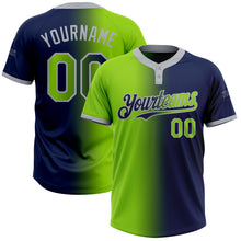 Charger l&#39;image dans la galerie, Custom Navy Neon Green-Gray Gradient Fashion Two-Button Unisex Softball Jersey
