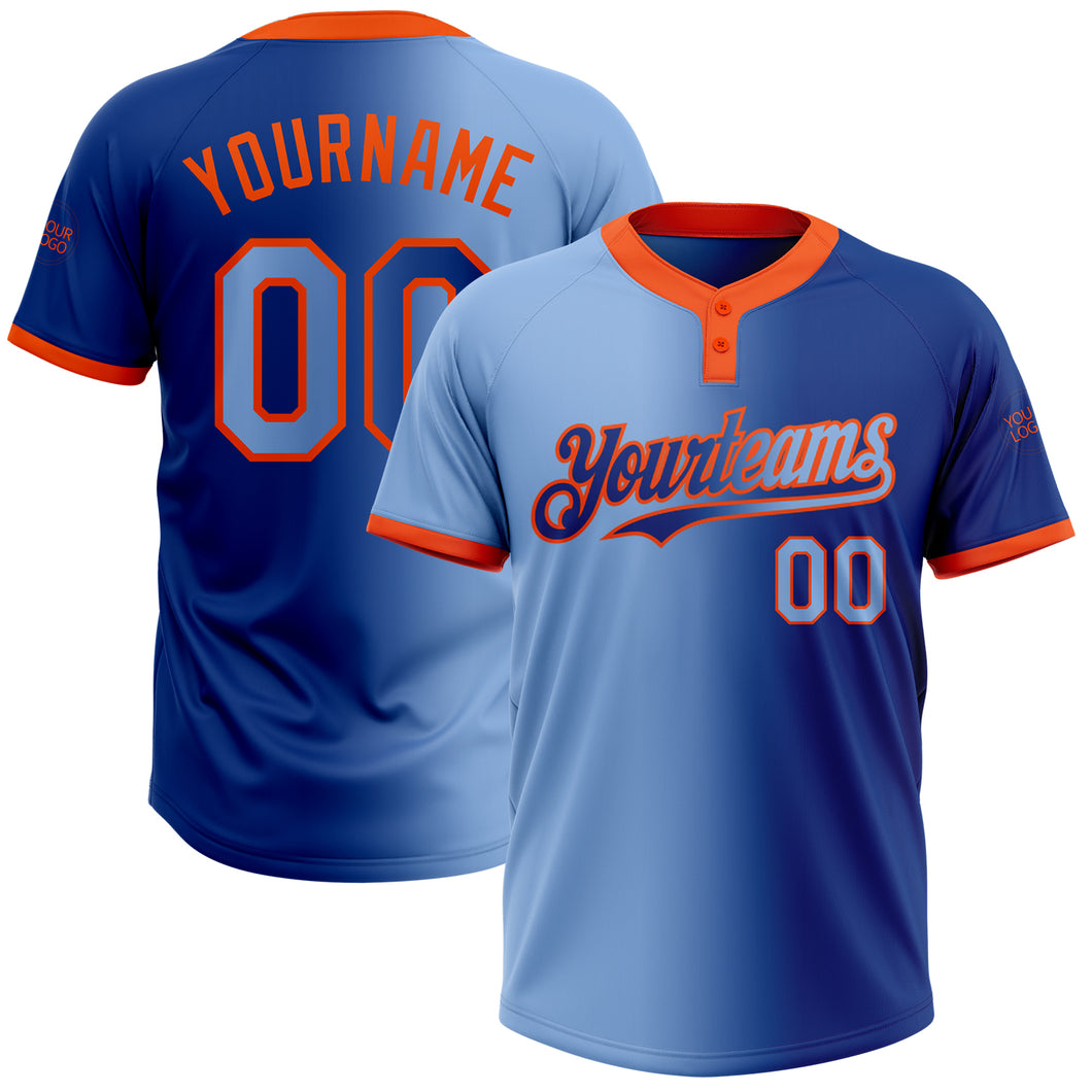 Custom Royal Light Blue-Orange Gradient Fashion Two-Button Unisex Softball Jersey