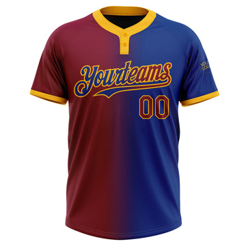 Custom Royal Maroon-Gold Gradient Fashion Two-Button Unisex Softball Jersey