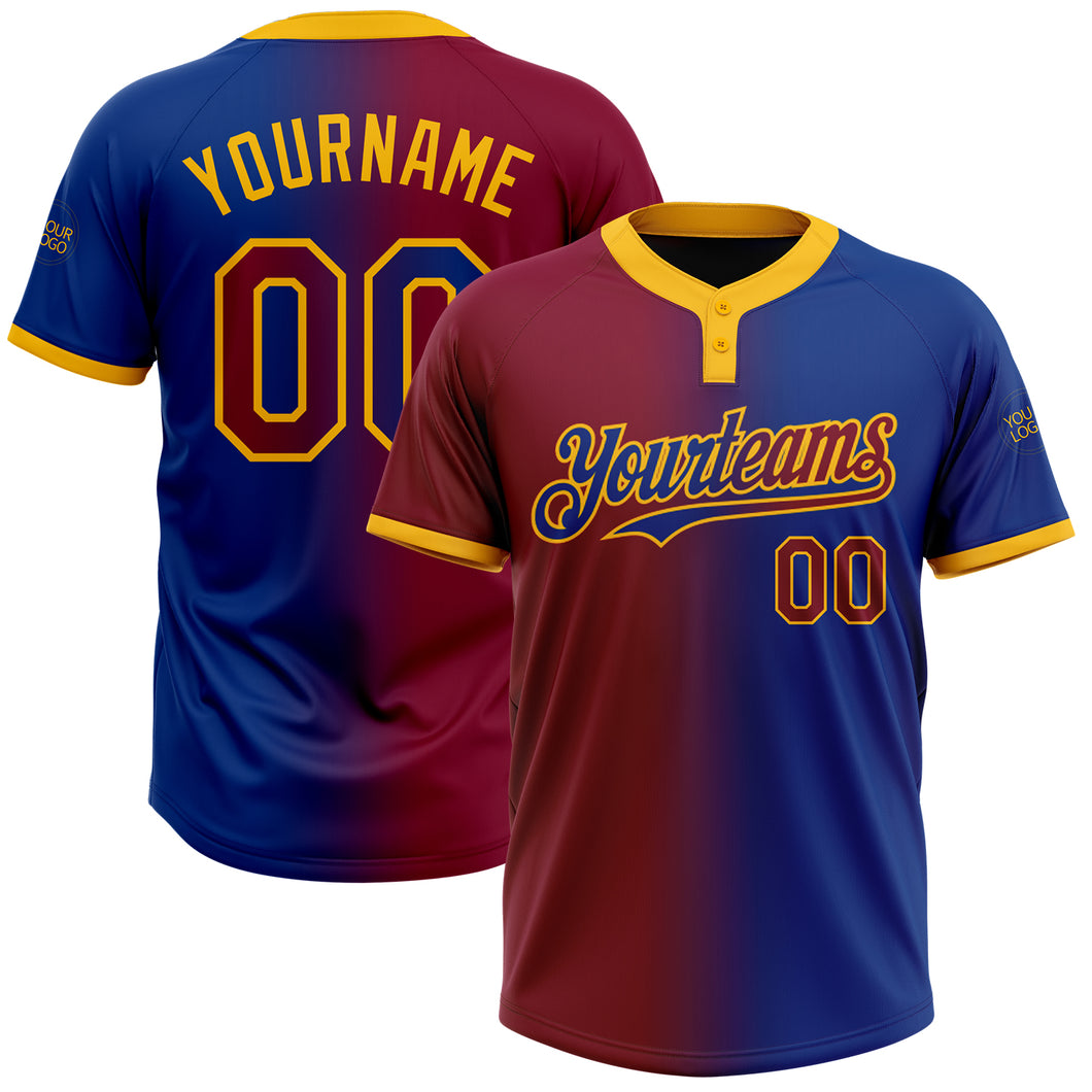 Custom Royal Maroon-Gold Gradient Fashion Two-Button Unisex Softball Jersey