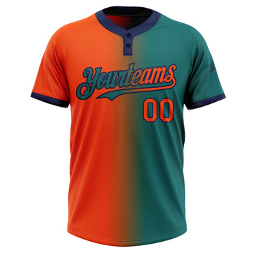 Custom Teal Orange-Navy Gradient Fashion Two-Button Unisex Softball Jersey