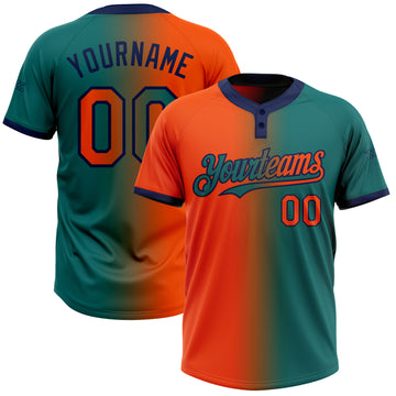 Custom Teal Orange-Navy Gradient Fashion Two-Button Unisex Softball Jersey