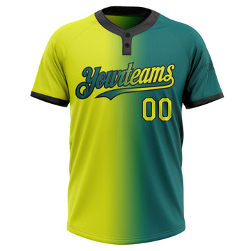 Custom Teal Neon Yellow-Black Gradient Fashion Two-Button Unisex Softball Jersey