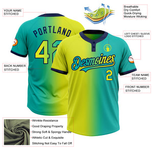 Custom Aqua Neon Yellow-Navy Gradient Fashion Two-Button Unisex Softball Jersey