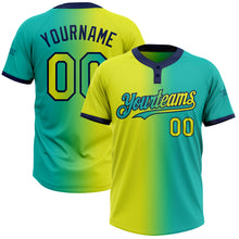 Charger l&#39;image dans la galerie, Custom Aqua Neon Yellow-Navy Gradient Fashion Two-Button Unisex Softball Jersey
