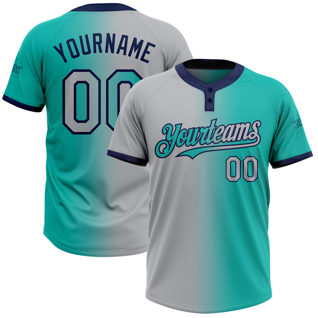 Custom Aqua Gray-Navy Gradient Fashion Two-Button Unisex Softball Jersey