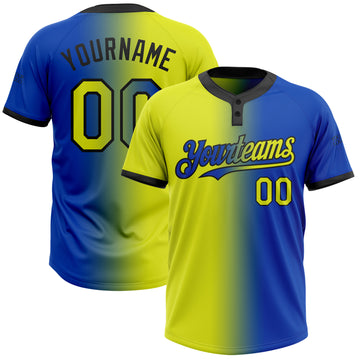 Custom Thunder Blue Neon Yellow-Black Gradient Fashion Two-Button Unisex Softball Jersey