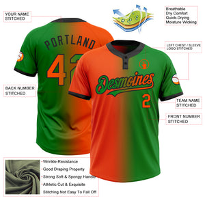 Custom Grass Green Orange-Black Gradient Fashion Two-Button Unisex Softball Jersey