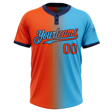 Custom Sky Blue Orange-Navy Gradient Fashion Two-Button Unisex Softball Jersey