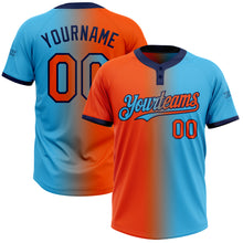 Load image into Gallery viewer, Custom Sky Blue Orange-Navy Gradient Fashion Two-Button Unisex Softball Jersey
