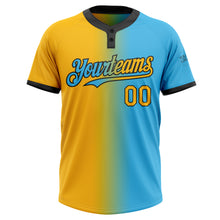 Load image into Gallery viewer, Custom Sky Blue Gold-Black Gradient Fashion Two-Button Unisex Softball Jersey
