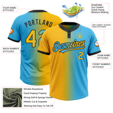 Laden Sie das Bild in den Galerie-Viewer, Custom Sky Blue Gold-Black Gradient Fashion Two-Button Unisex Softball Jersey
