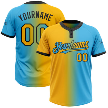 Custom Sky Blue Gold-Black Gradient Fashion Two-Button Unisex Softball Jersey